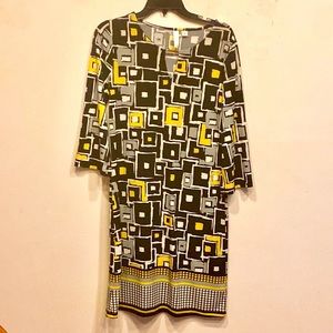 Tacera  Women Small Soft Stretch Black/Yellow/White Geometrical Designs Dress